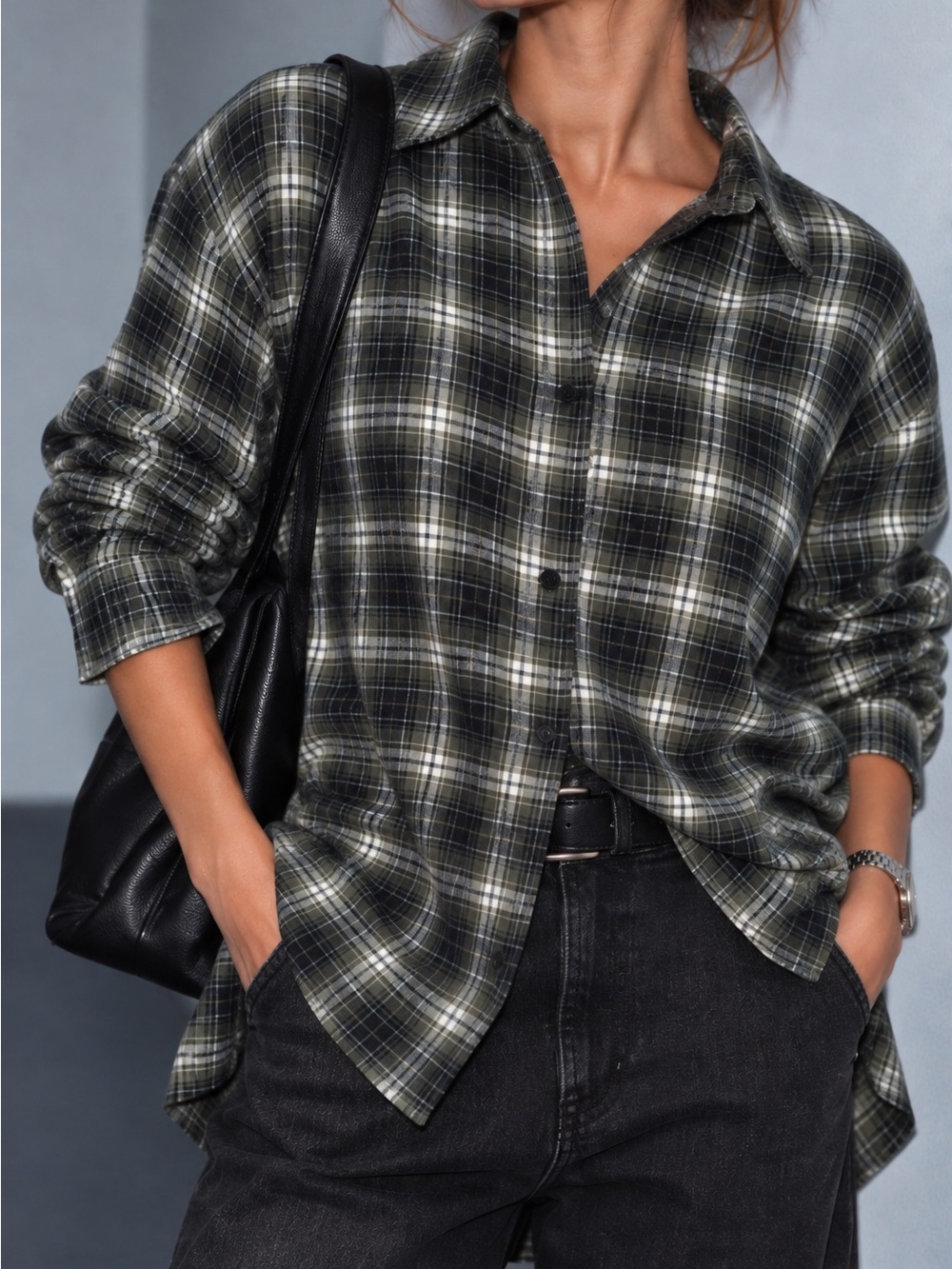 ZARA ZW Collection Oversize Plaid Check Button Up Shirt Women Size L Gray Green